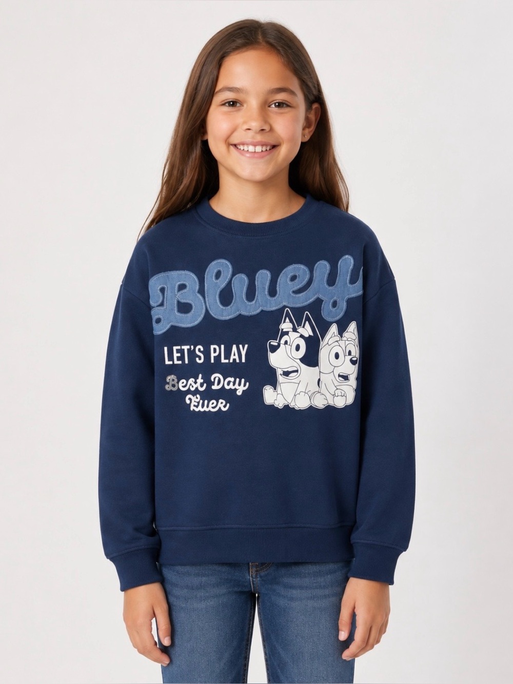 BLUEY Kids Character Soft Crewneck Sweatshirt Blue with Embroidery & Appliqué